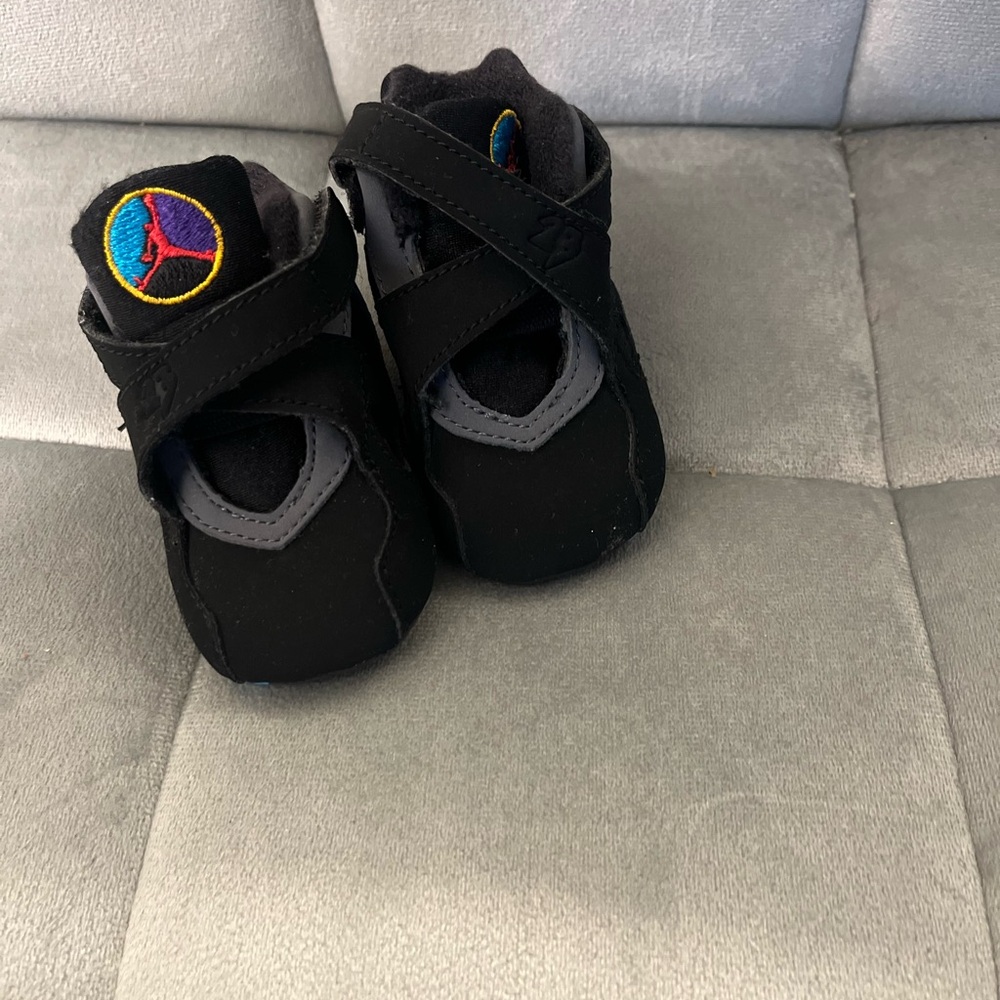 Jordan 8 Retro Baby Walkers in Black and Gray with Colorful Logo